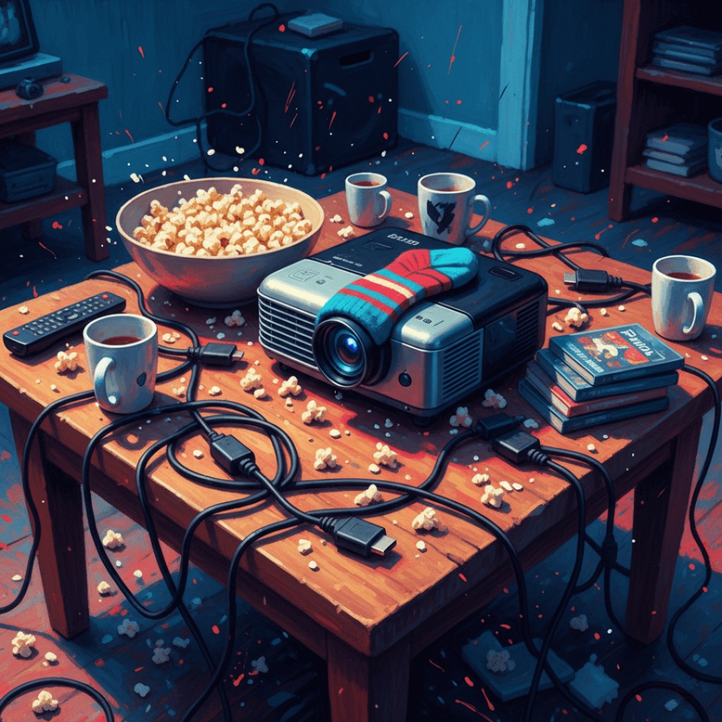 A messy coffee table with a projector, tangled cables, popcorn, and a sock.