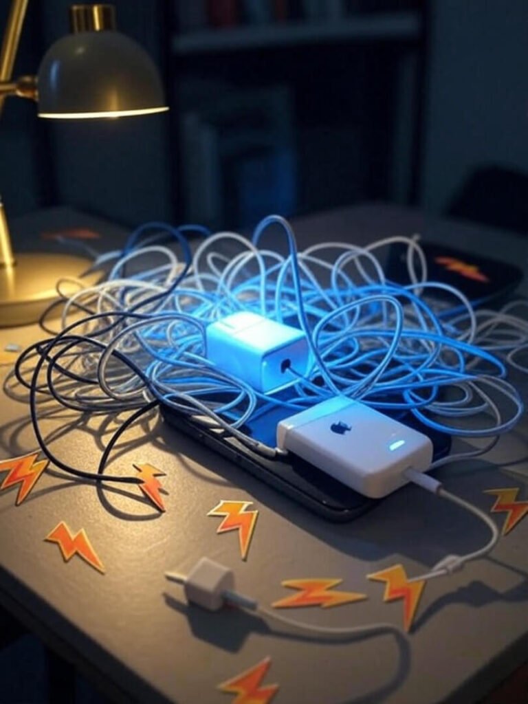 I generated images with the prompt: 'close-up of a desk in a cramped Brooklyn apartment, tangled iPhone chargers, one glowing bright with a fast-charging cable plugged into an iPhone 16, off-kilter angle, vibrant electric blue cable, golden yellow accents on the desk lamp, quirky lightning bolt stickers scattered on the desk, wryly humorous tone capturing love-hate with chargers'