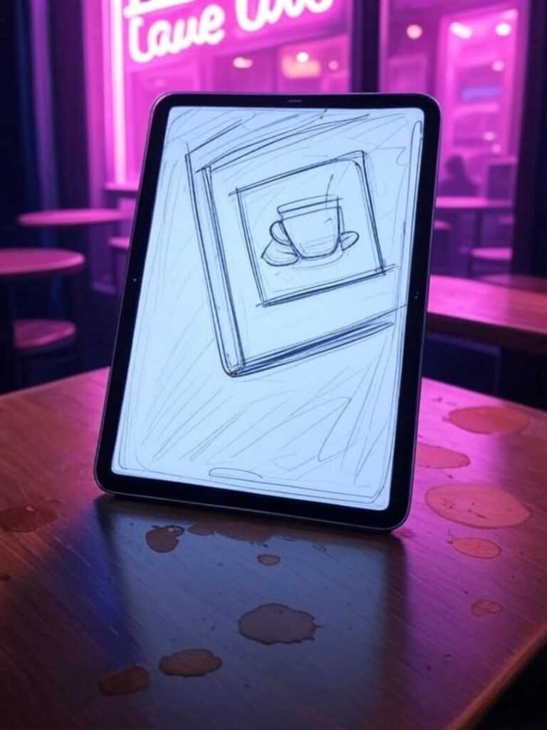 iPad Pro with half-finished sketch, coffee stains, neon window, humorous vibe.