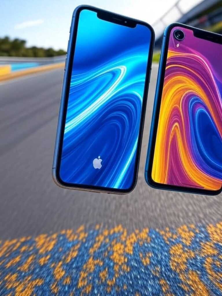 I generated images with the prompt: 'personal, imperfect perspective of hand fumbling with charger in dim light, contrasting iPhone XR's draining battery icon with iPhone 11's full one, slightly unusual close-up on ports, peppy and attractive with popping colours, bold reds and greens, battery drain drama 2025, rainy day struggle'