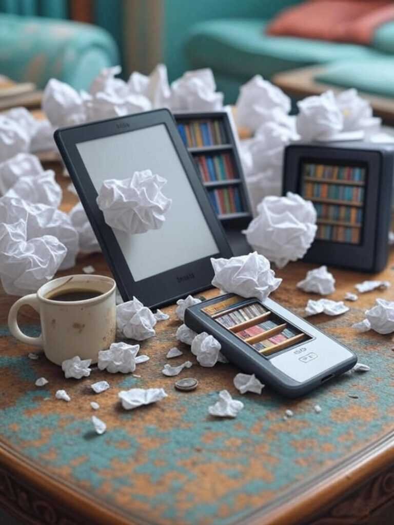I generated images with the prompt: 'high-res image of a messy coffee table with Kindle Paperwhite and Colorsoft among crumpled paperbacks and a spilled coffee mug, vintage-inspired, a bit blurry, with muted pastels and pops of teal and coral, a tiny bookshelf growing from the Colorsoft, a cat’s paw sneaking in to swat a bookmark, peppy, colorful, and a little unhinged'
