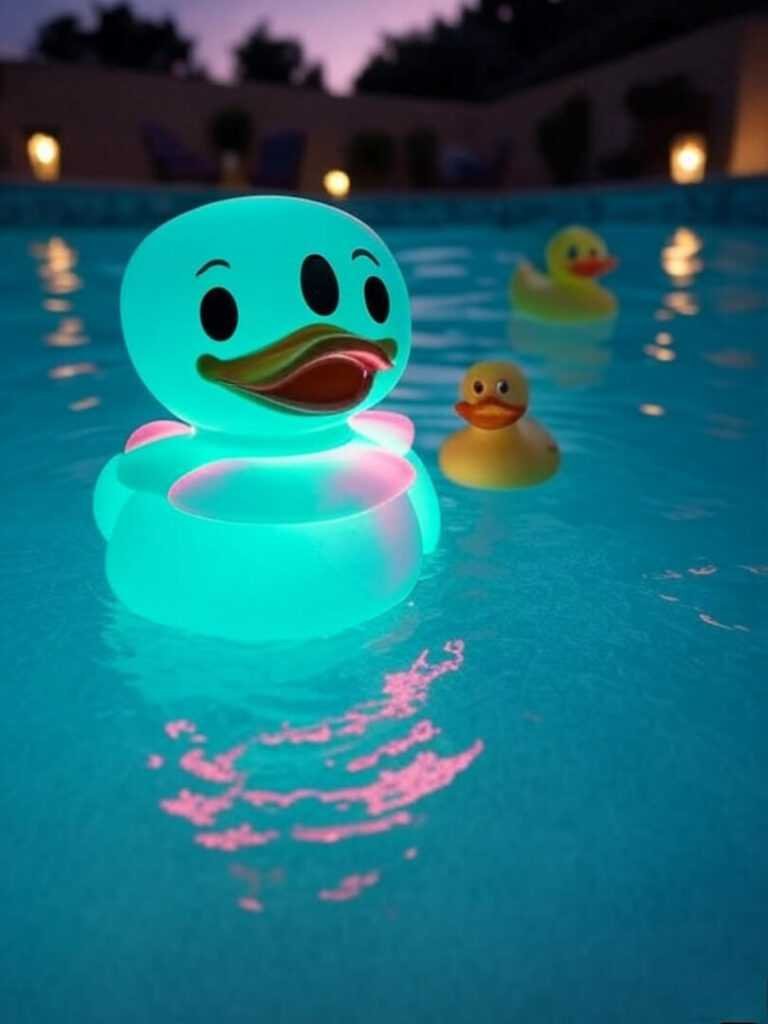 WonderBoom 4 glowing in pool at dusk with quirky rubber duck nearby.