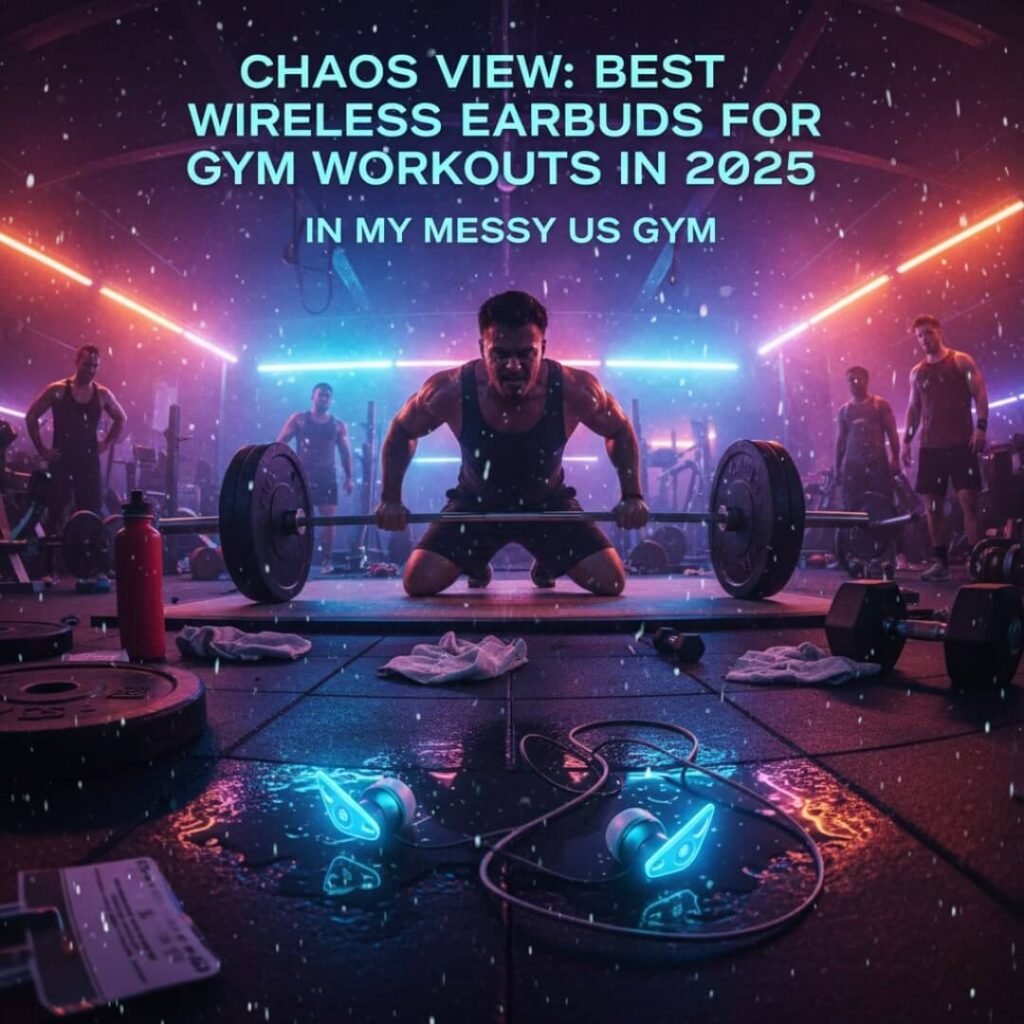 Low-angle gym view: failed squat, prominent earbuds, sweat, "Chaos View" text.