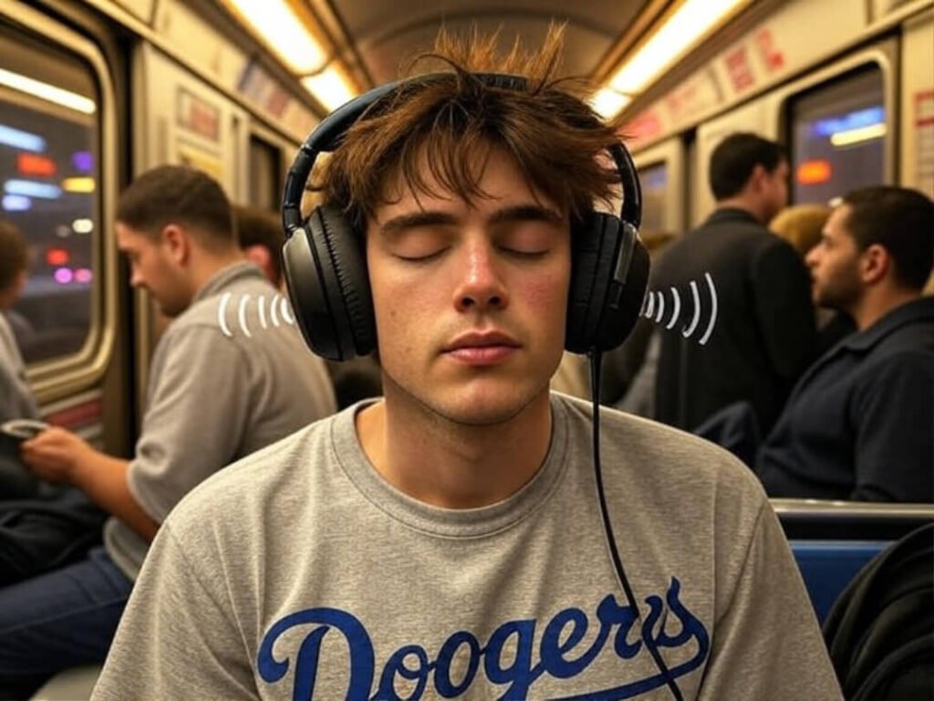 Young guy in Dodgers shirt relaxes on NYC subway with Anker headphones, $80 price tag.