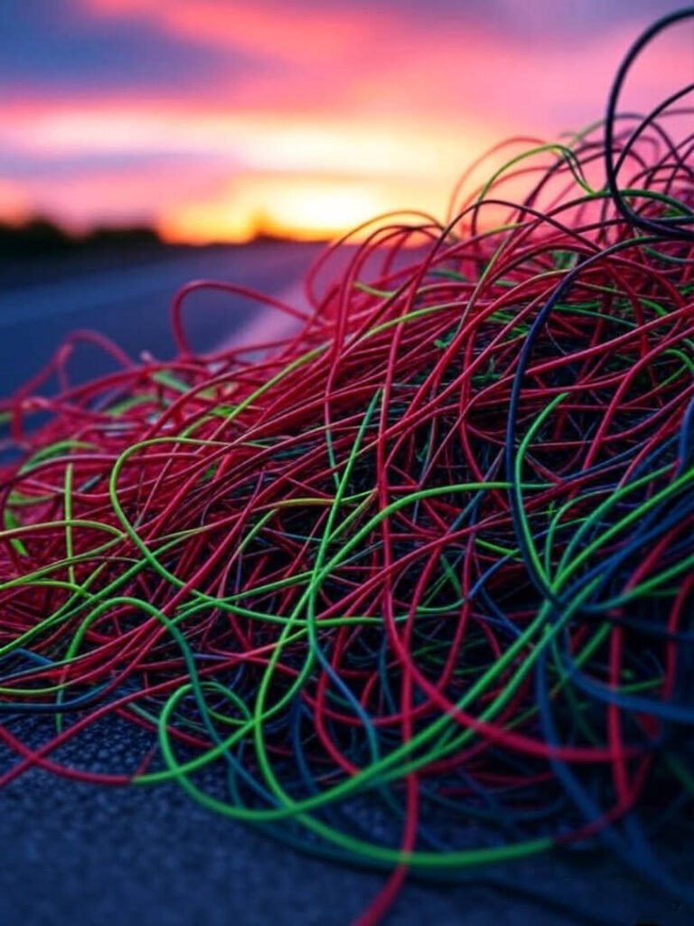 Tangled wires mess up dash cam install, capturing vibrant sunset highway below.