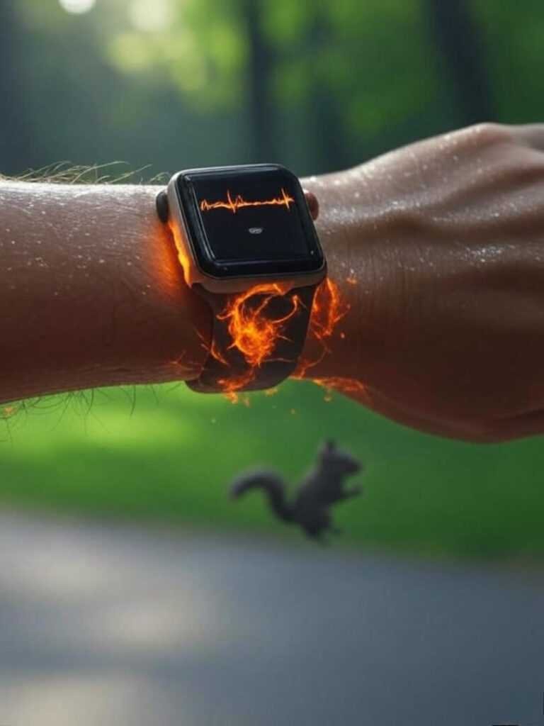 Sweaty wrist with glowing Apple Watch, heart rate spike, winking squirrel in blurred park.