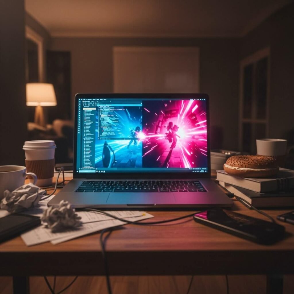 A low-angle shot of a messy desk with a laptop displaying work and gaming.