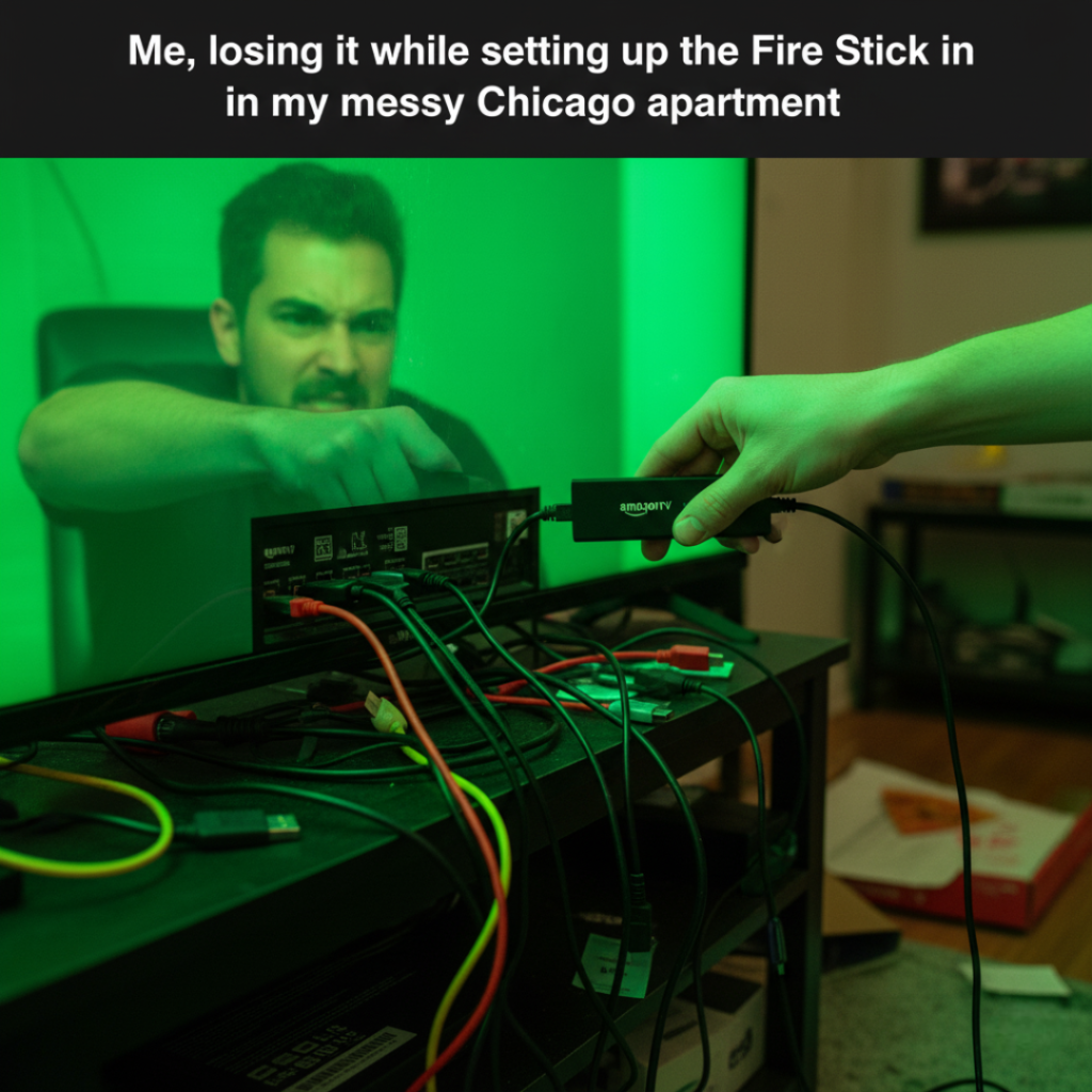 Frustrated hands plug a Fire Stick into a crowded port, reflecting a neon green glow.