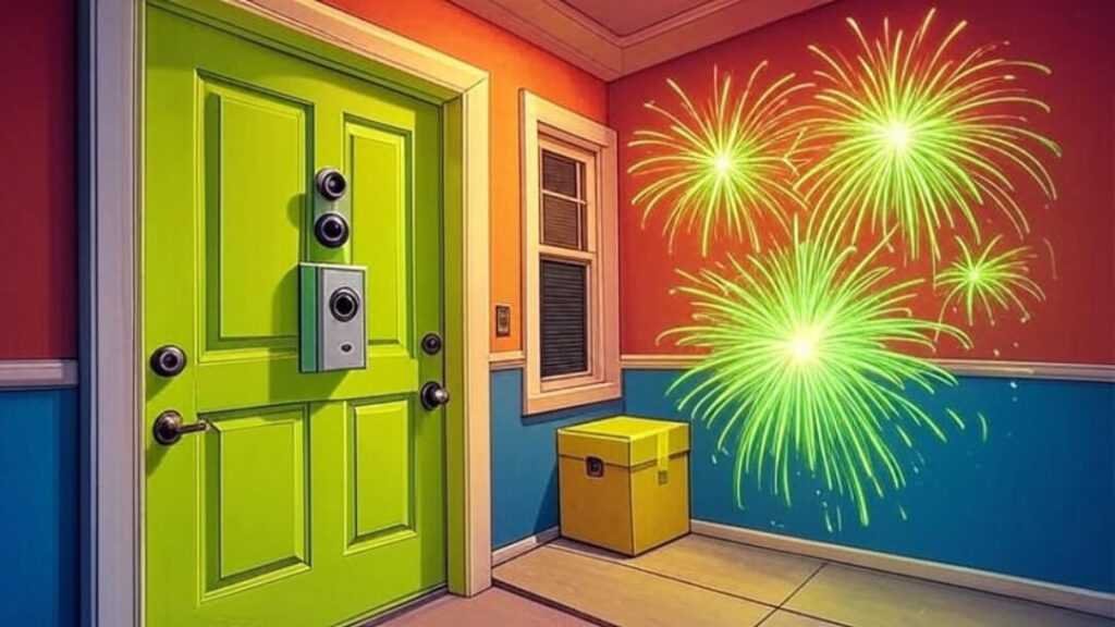 Pop-art view: Ring Doorbell on quirky door, delivery box, shadow, neon green fireworks.