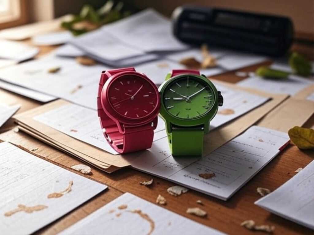 Overhead view of crimson and lime green watches on messy desk with coffee stains and fall leaves.