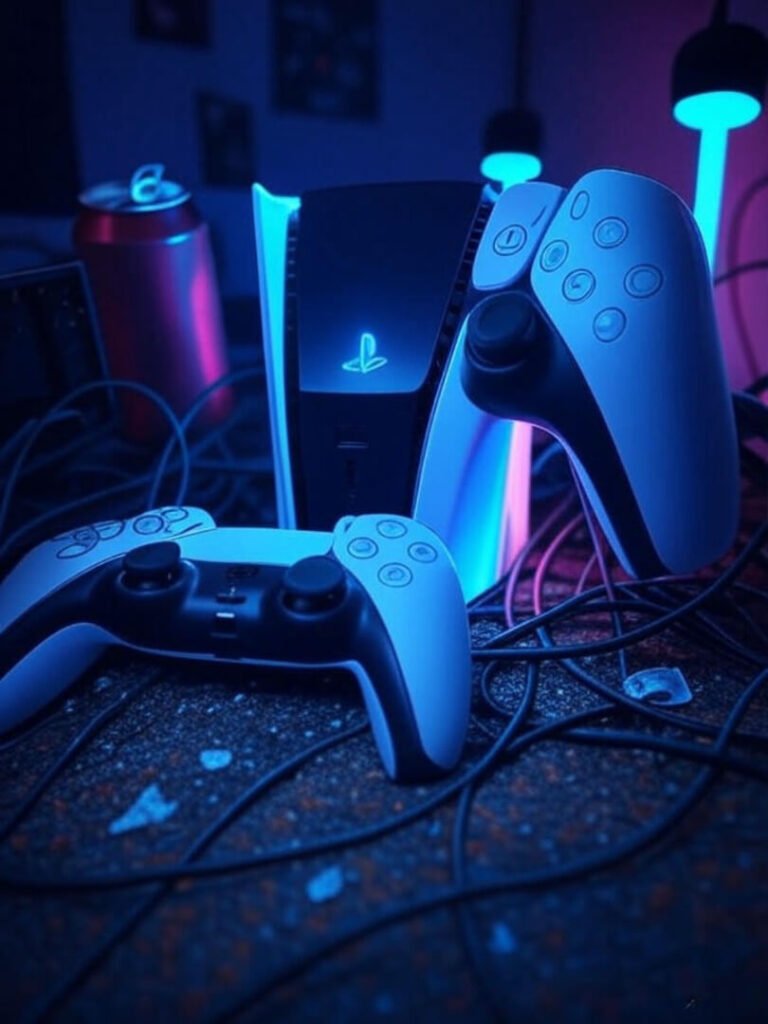 Chaotic PS5 setup with glowing DualSense, tangled cables, and soda can.