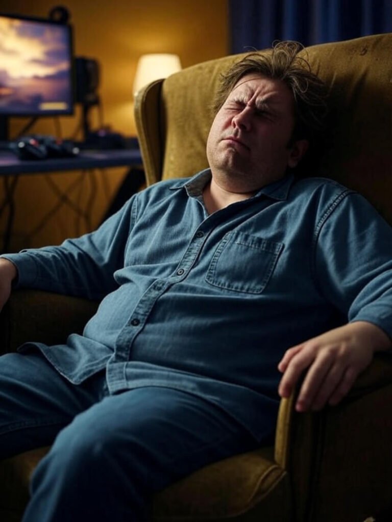 Man wincing in pain, slouched in creaky chair, messy gaming setup, mustard yellow, indigo.