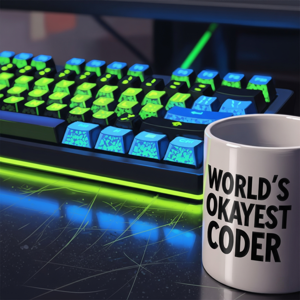 Close-up of a neon keyboard with a "World's Okayest Coder" coffee mug.