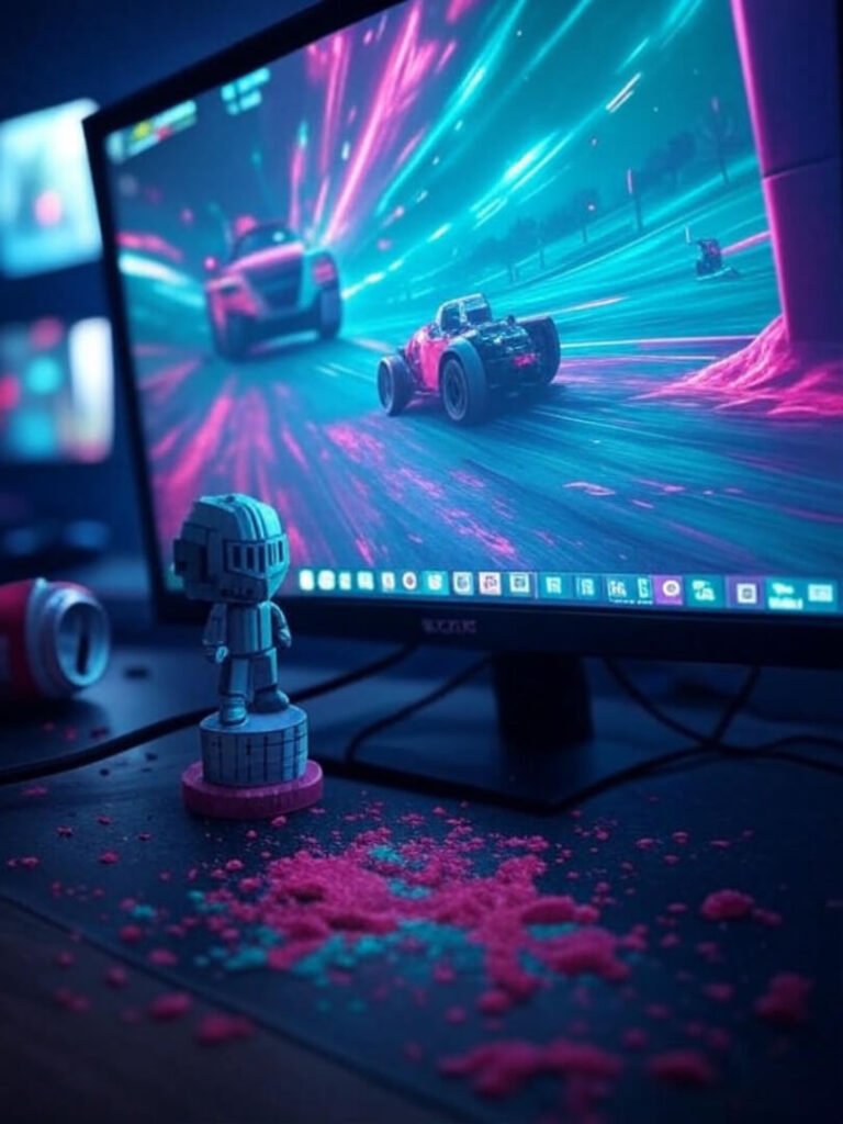 I generated images with the prompt: 'image of a monitor showing a racing game, angled like I’m leaning in, with a spilled soda can and a pixelated knight bobblehead, electric teal and hot pink game visuals leap off the screen, reflecting hyped-up gaming moments, captioned “My setup when I’m pretending I’m a pro gamer, soda spill and all.”'