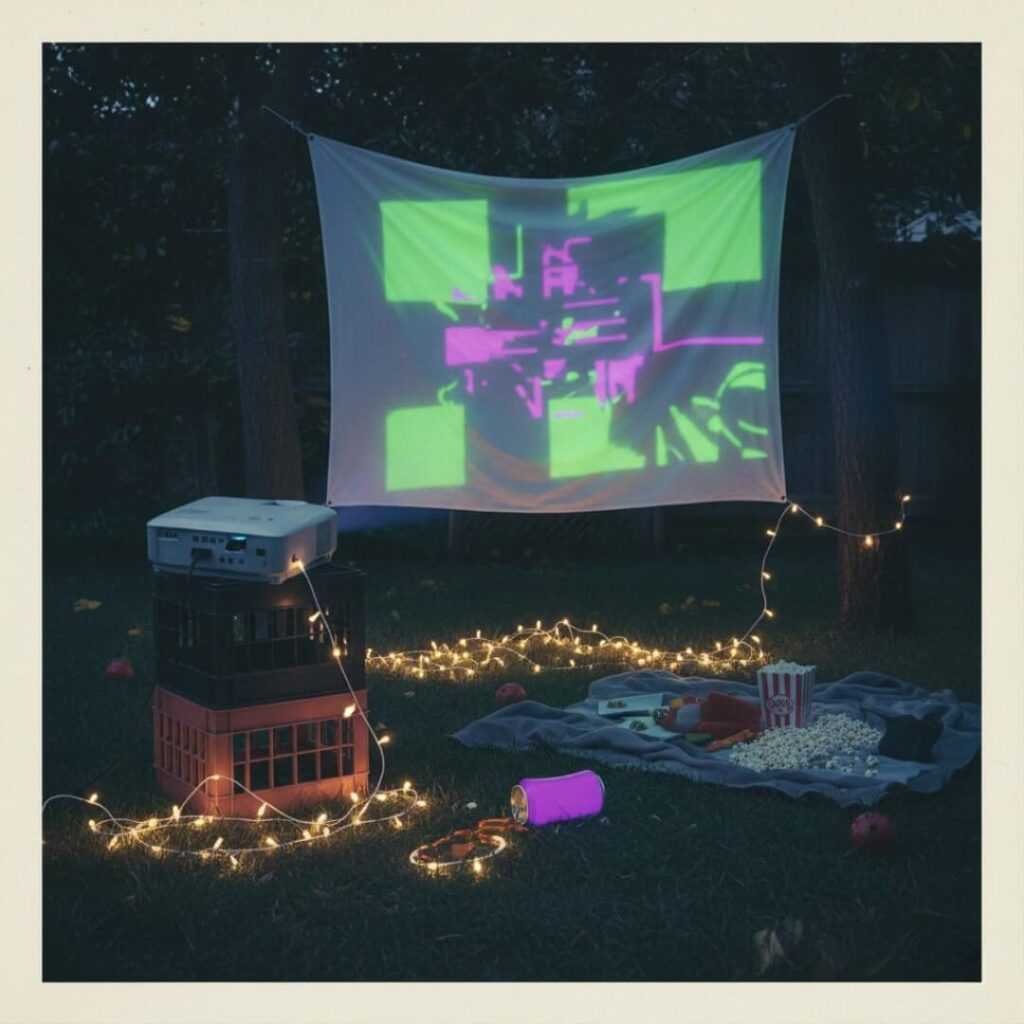 Backyard movie night disaster: crooked projection, tangled lights, spilled soda.