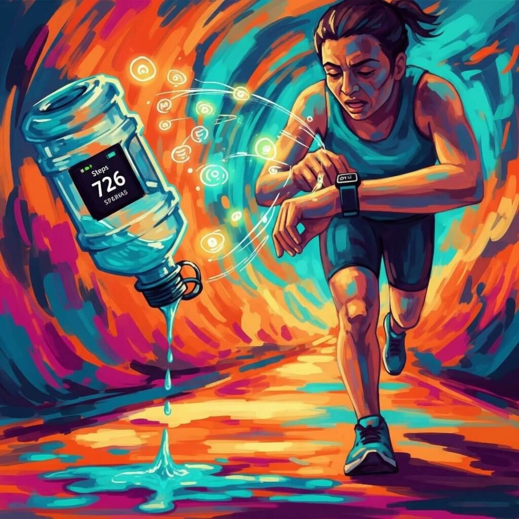 An impressionistic painting of a person running and checking their step count.