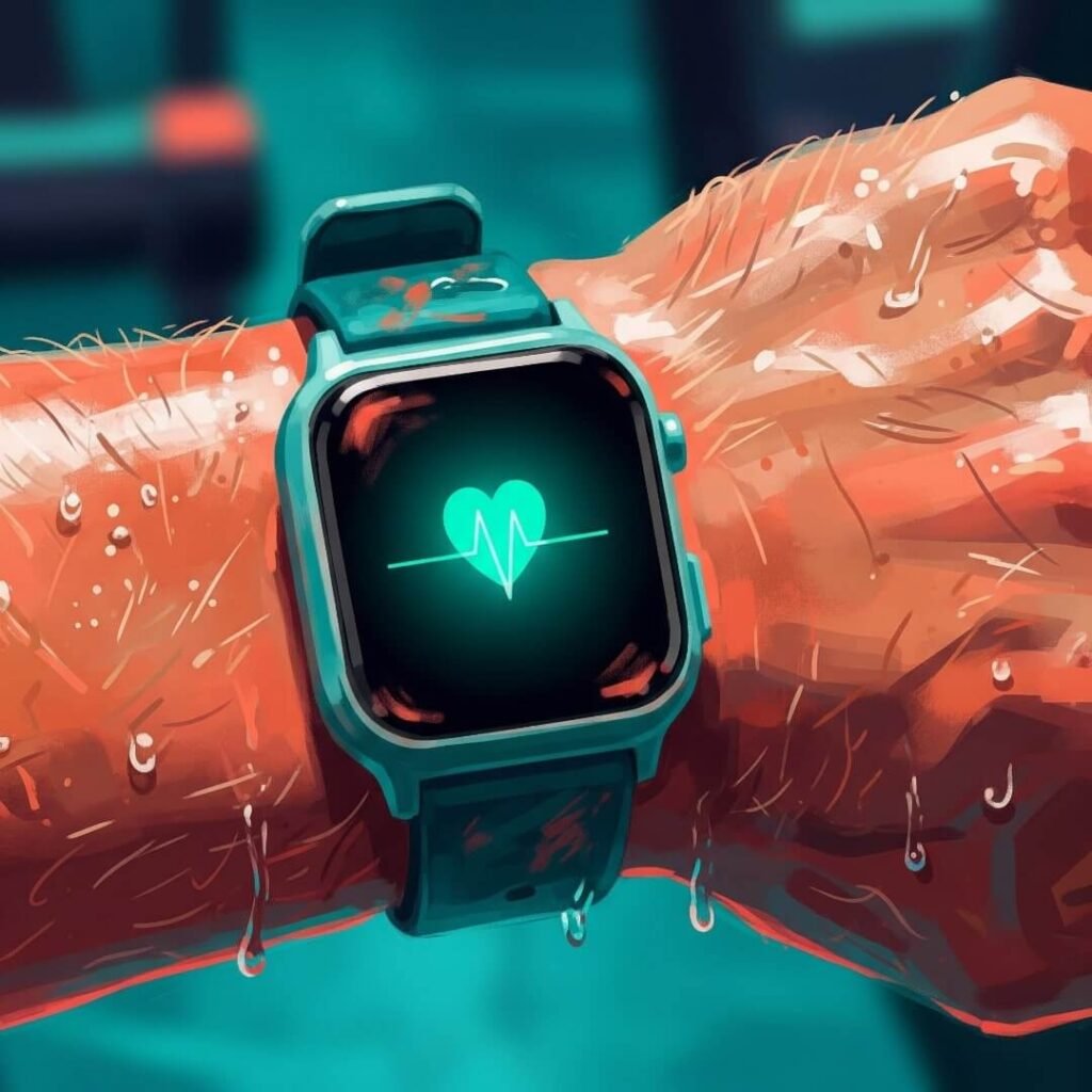 An impressionistic digital painting of a sweaty wrist with a glowing smartwatch.