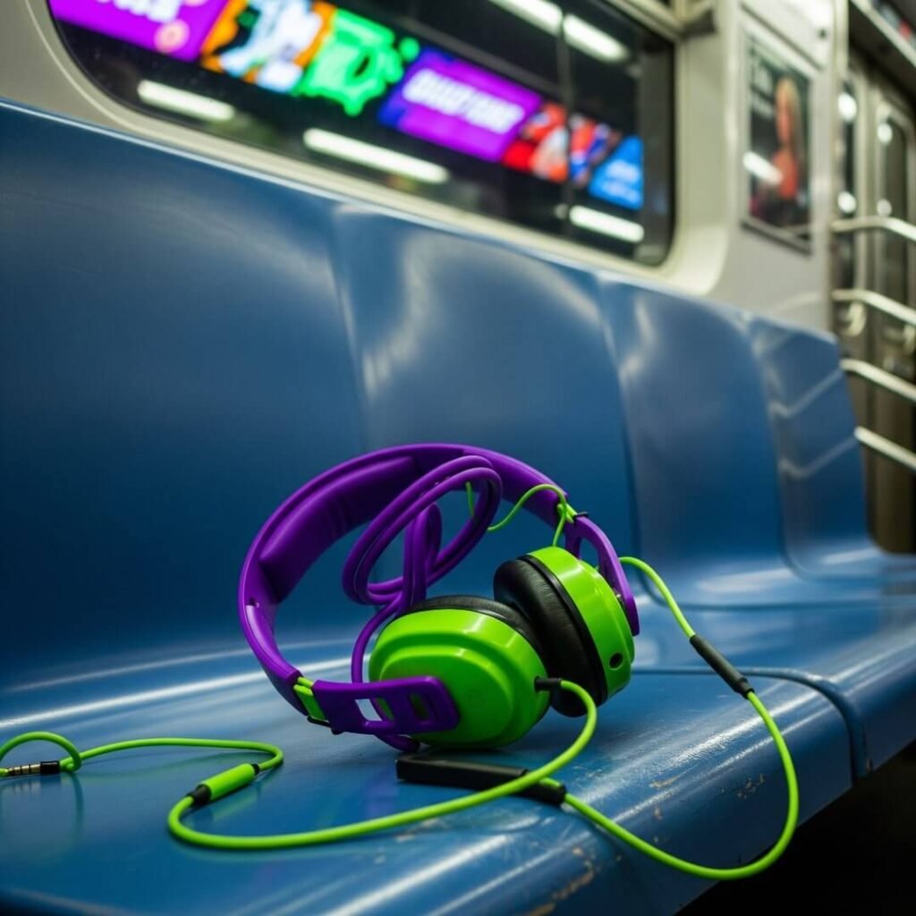 Purple and lime green headphones on a blue subway seat.