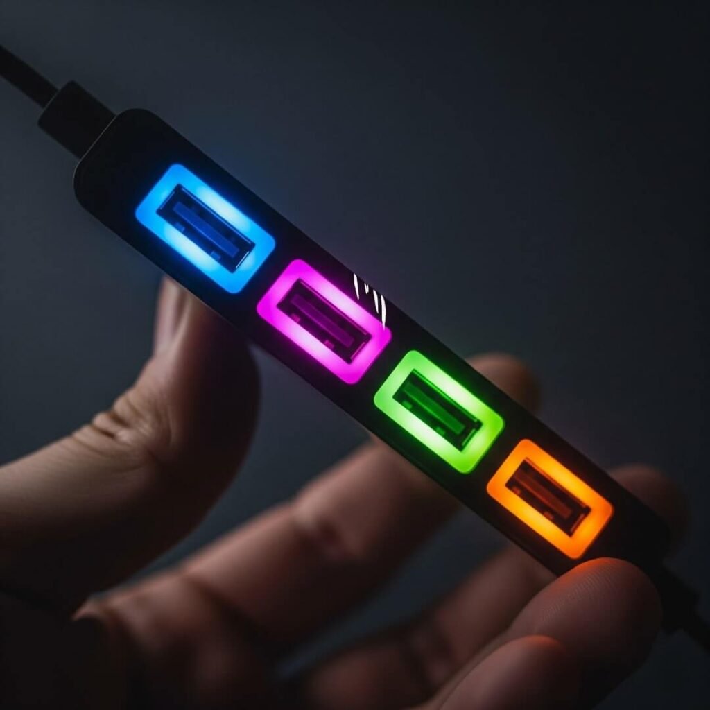Close-up photo of a hand holding a neon-lit USB hub.