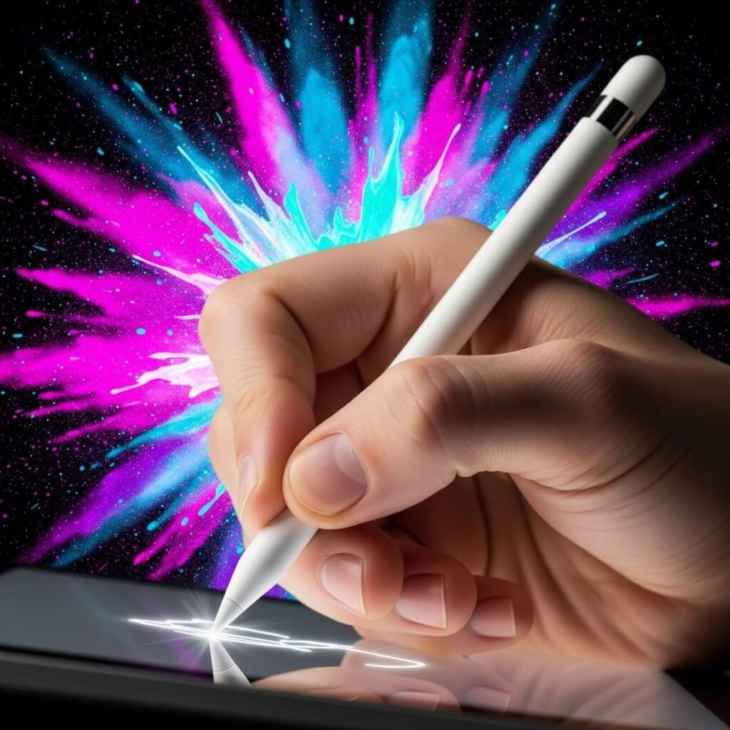 A hand holding an Apple Pencil with neon pink and blue paint splatters.