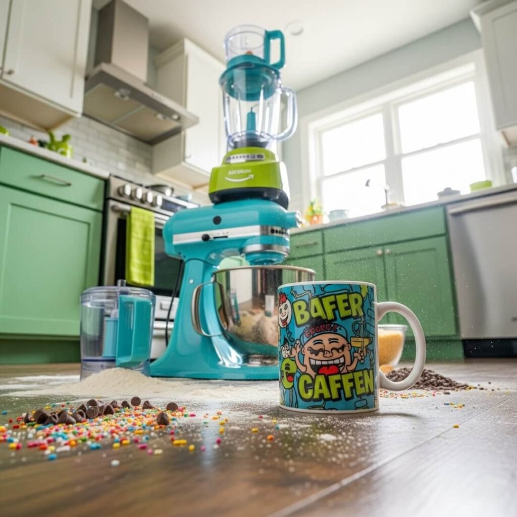Worm's-eye view of a coffee mug, spilled ingredients, and stacked kitchen gadgets.
