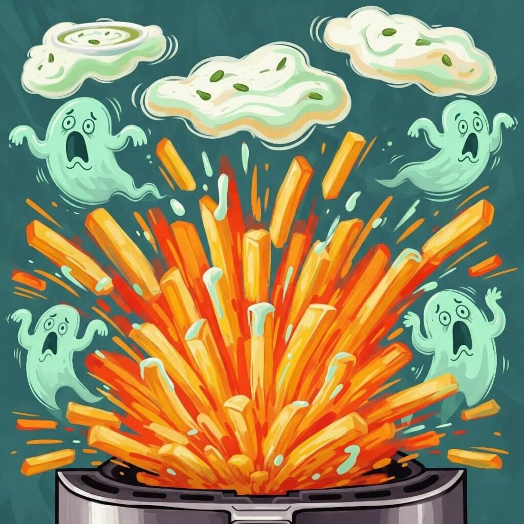 An impressionistic painting of french fries exploding from a fryer with fleeing calorie ghosts.