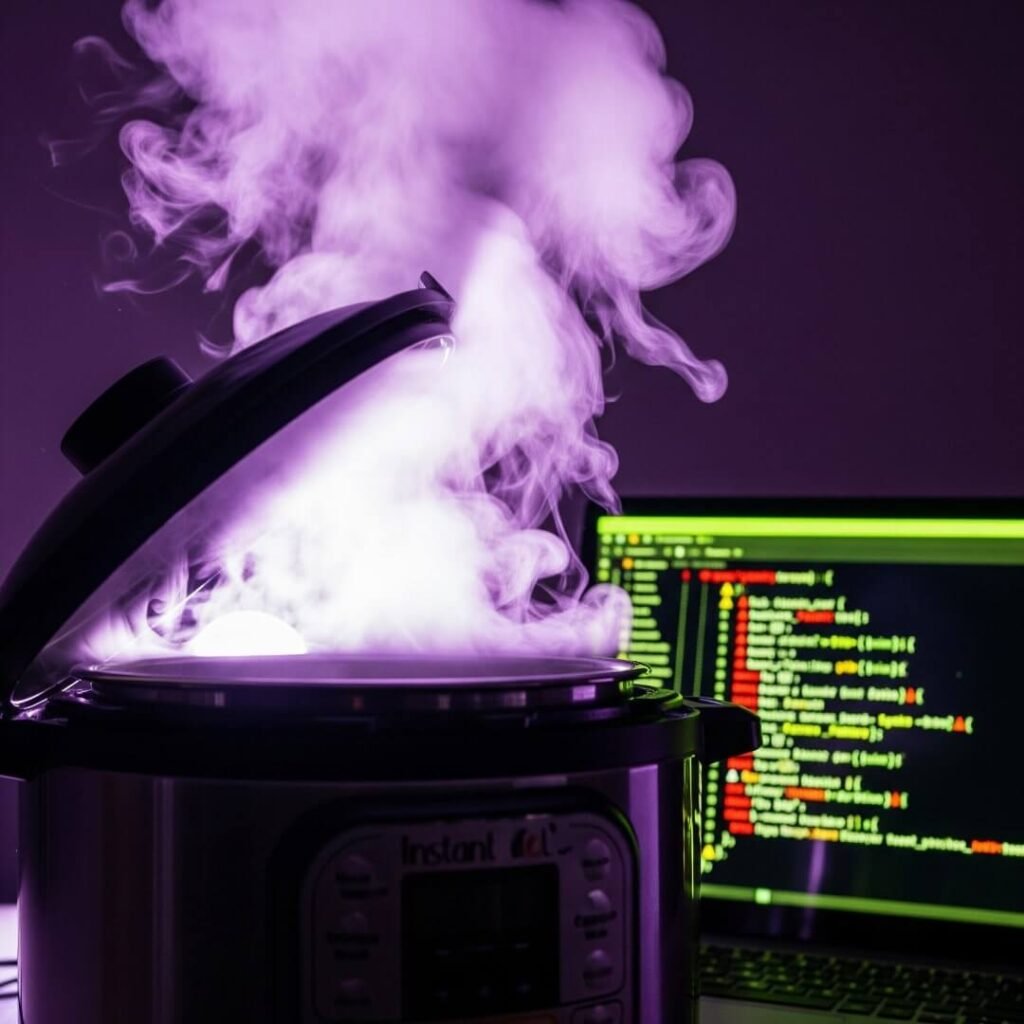 An Instant Pot steaming next to a laptop with code errors.