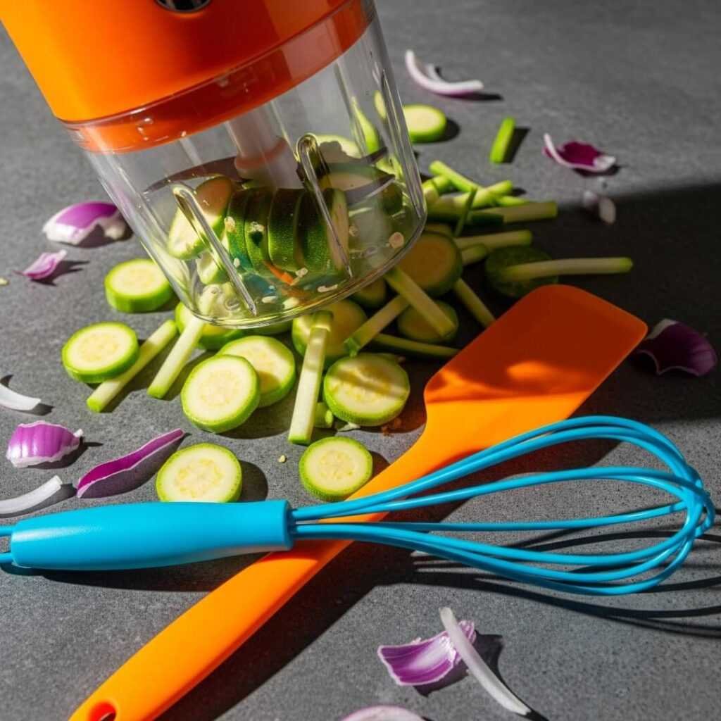 A close-up of a neon-orange chopper with zucchini and onion scraps on a counter.