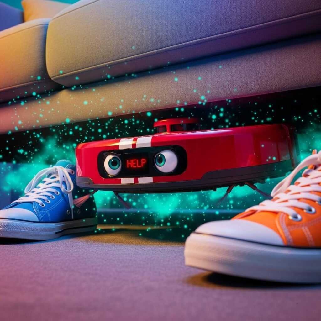 A pair of sneakers sits in front of a robot vacuum that is stuck under a couch.