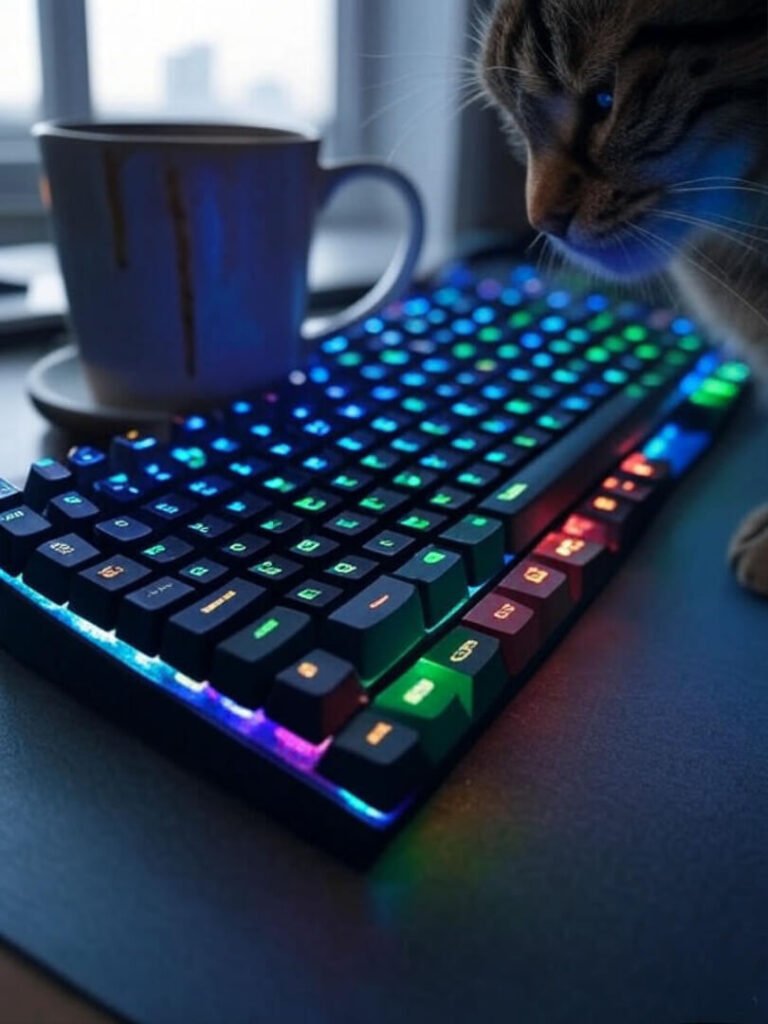RGB-lit keyboard on messy desk, cat knocks keycap, coffee stains, vibrant colors.