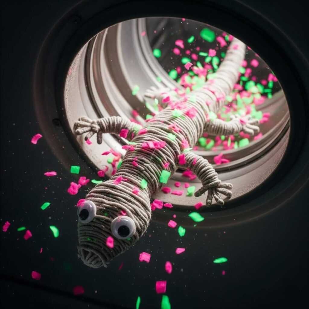 A toy lizard diving into a dryer vent, with colorful lint flying out.
