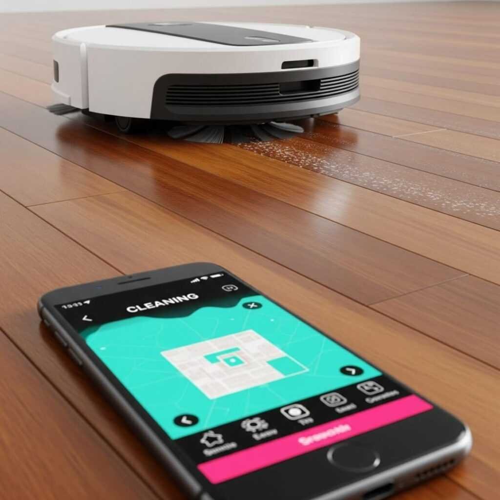 iRobot Braava Jet m6 cleaning hardwood floor with app on phone.