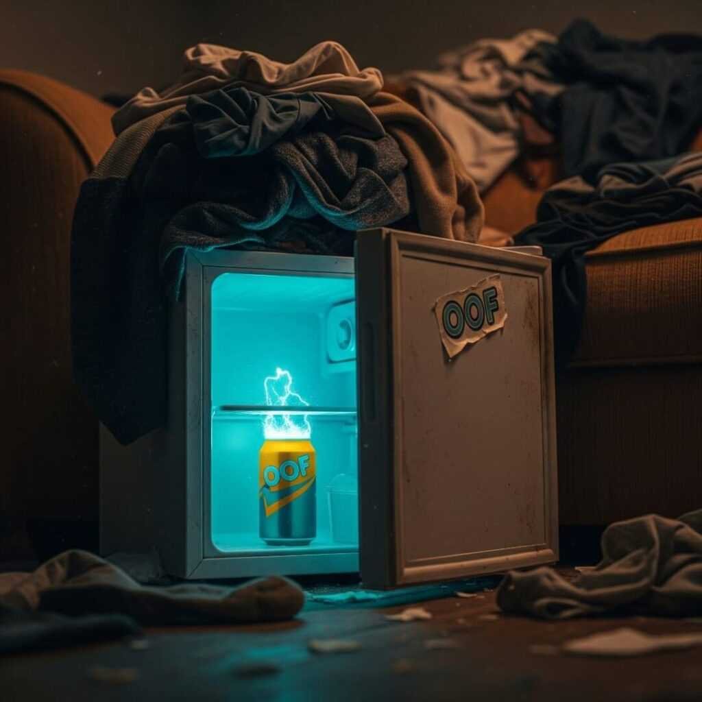 A lumpy couch, dirty clothes, and a mini fridge with a glowing soda.
