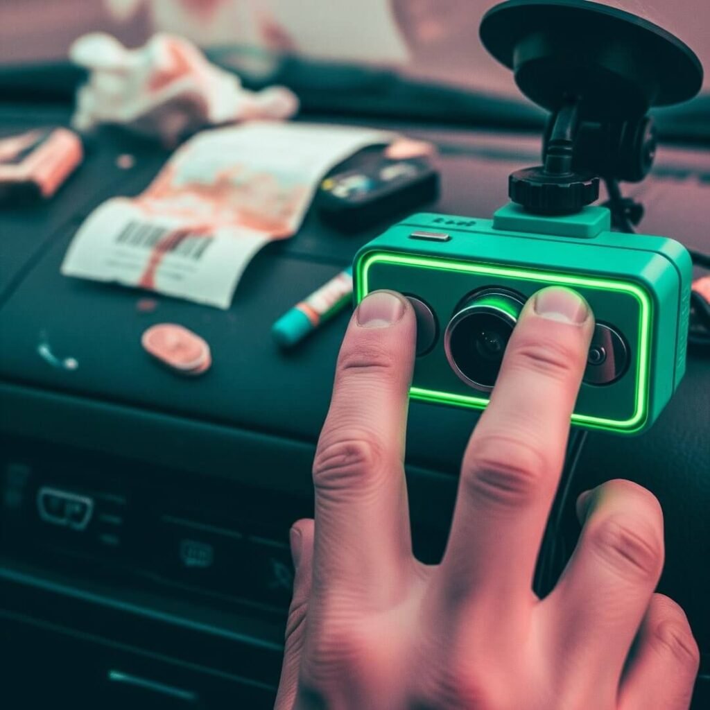 A shaky hand adjusts a dash cam on a messy car dashboard.