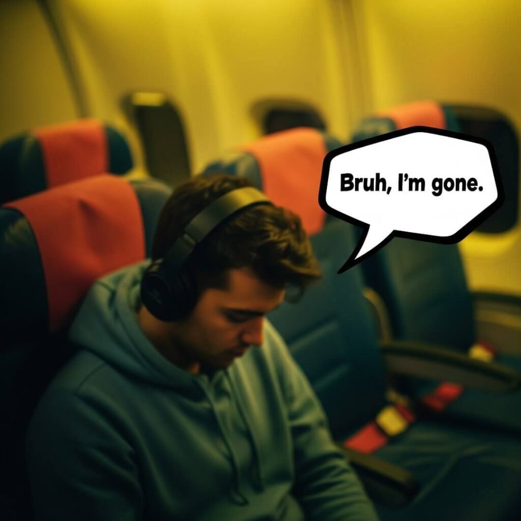 A person slouched in a plane seat with headphones, a speech bubble says "Bruh, I'm gone."