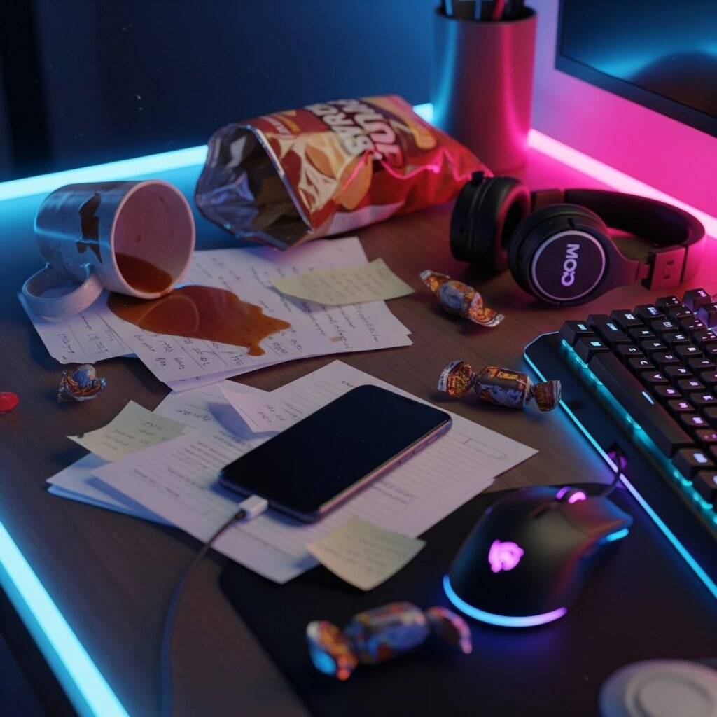 A cluttered desk glowing with neon lights, a spilled coffee cup, and gadgets.