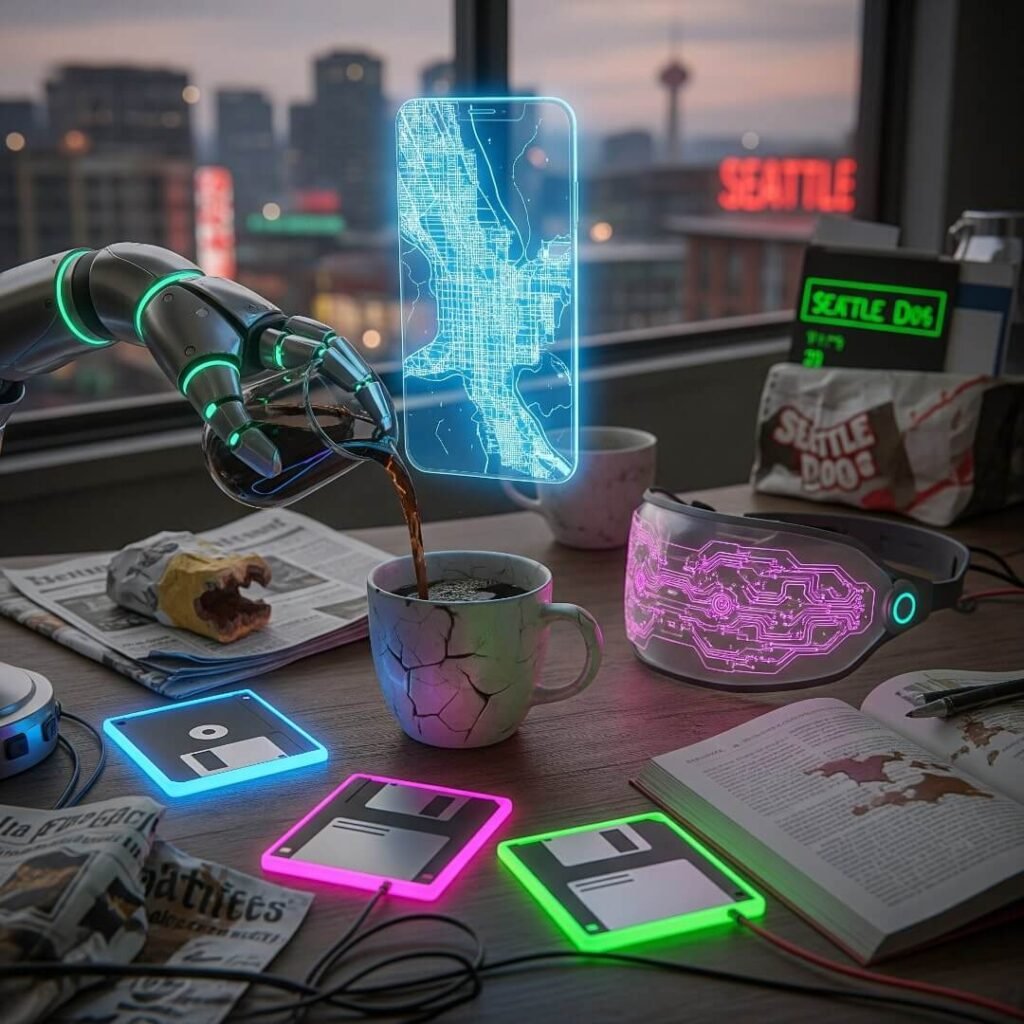 A futuristic desk with a hovering smartphone, robotic arm, and glowing headband.