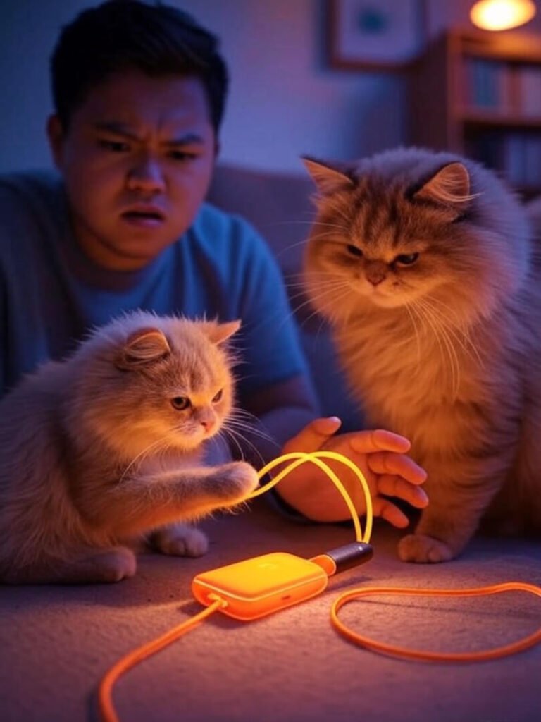 Person fumbling with neon orange USB-C hub, cat Muffin swatting cables.