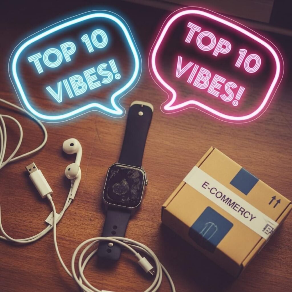 A messy desk with an e-commerce box, smartwatch, and earbuds.