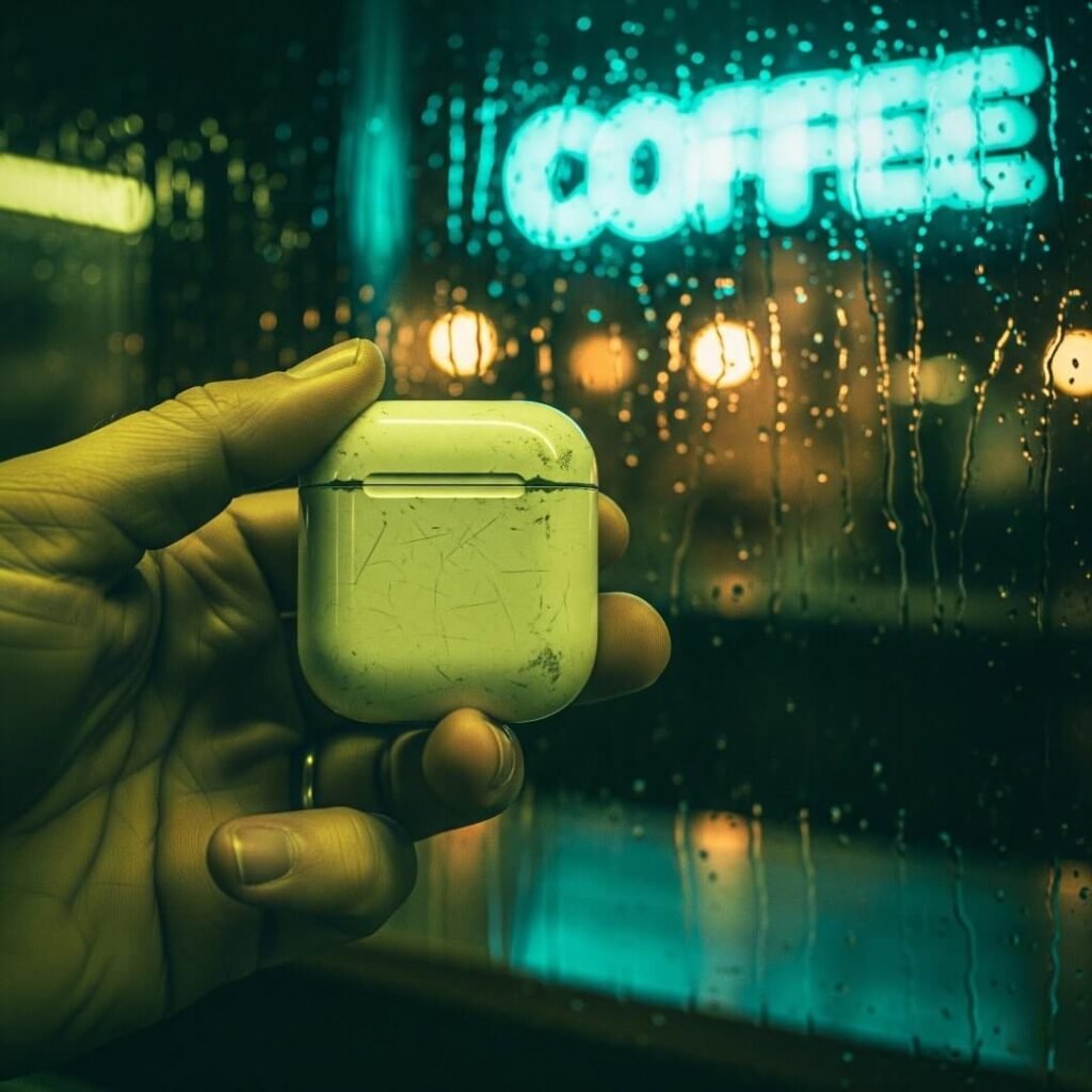 A hand holds a scuffed earbud case in front of a neon-lit window.
