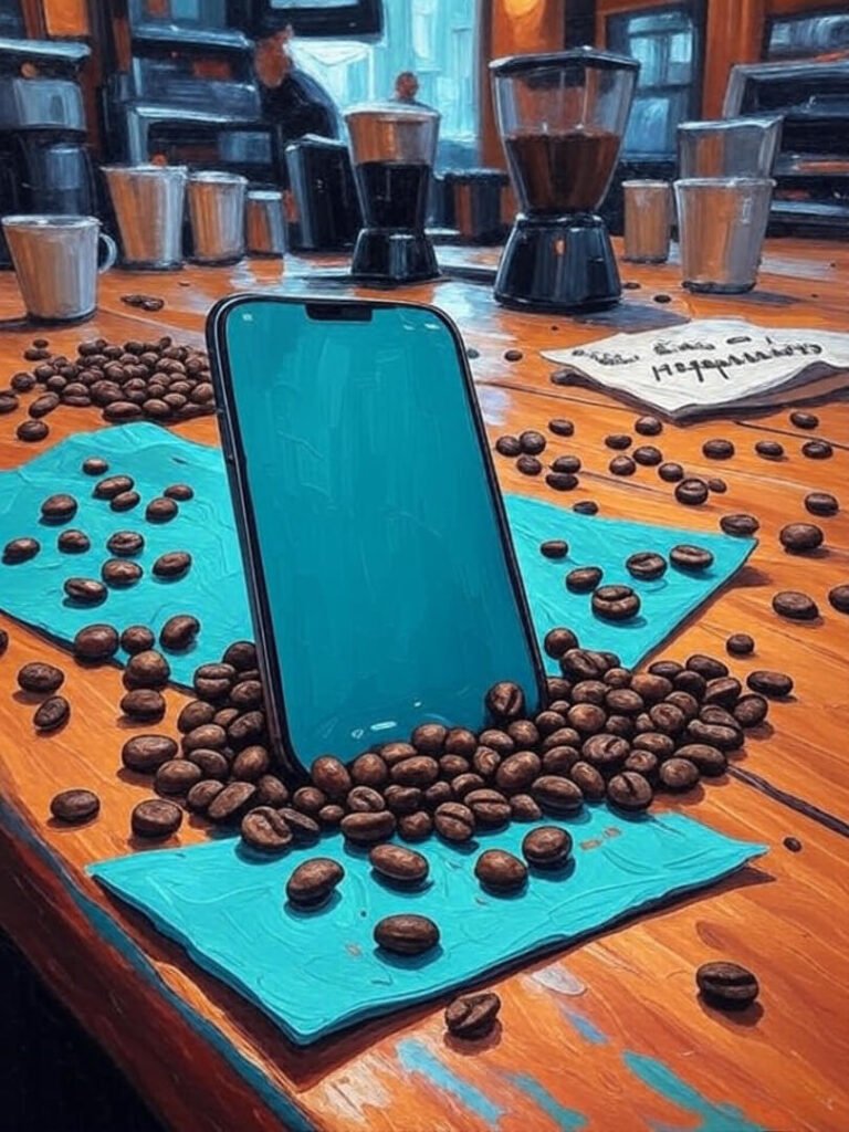 I generated images with the prompt: 'vibrant, high-res shot of an iPhone 16 on a cluttered Brooklyn coffee shop table, surrounded by scattered coffee beans and a doodled napkin with “Value = Happiness?” written on it, impressionistic digital painting, bold strokes in teal and coral, peppy with a wryly humorous tone'