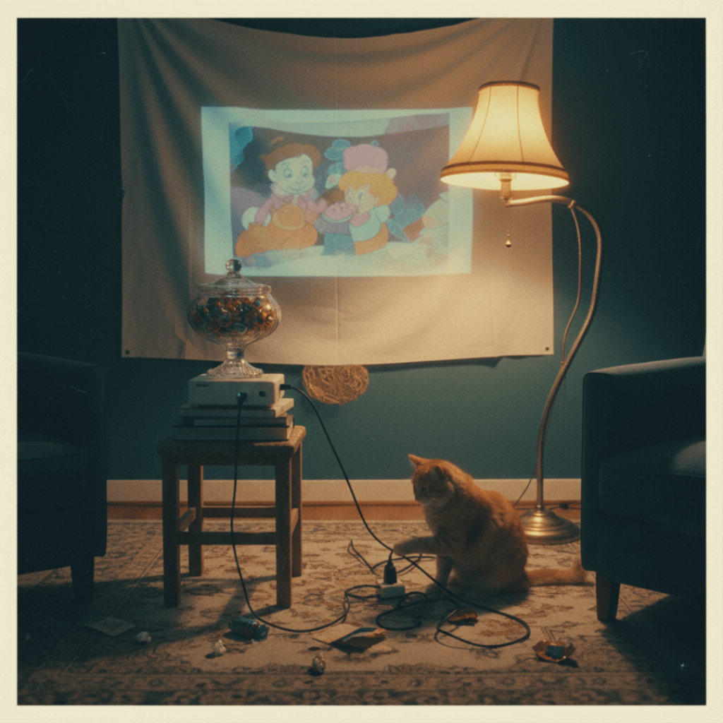 A cat paws an HDMI cable in a vintage-style movie night setup.