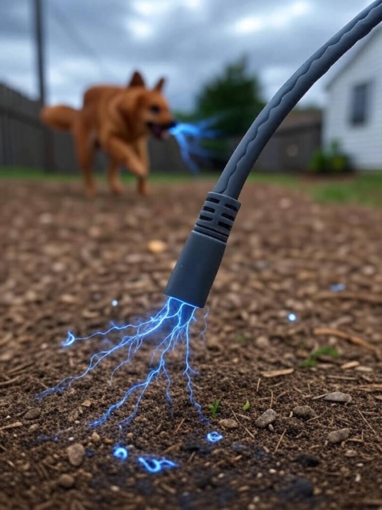 Durable iPhone cable in tug-of-war with dog Max, sparks flying, charging symbols float.