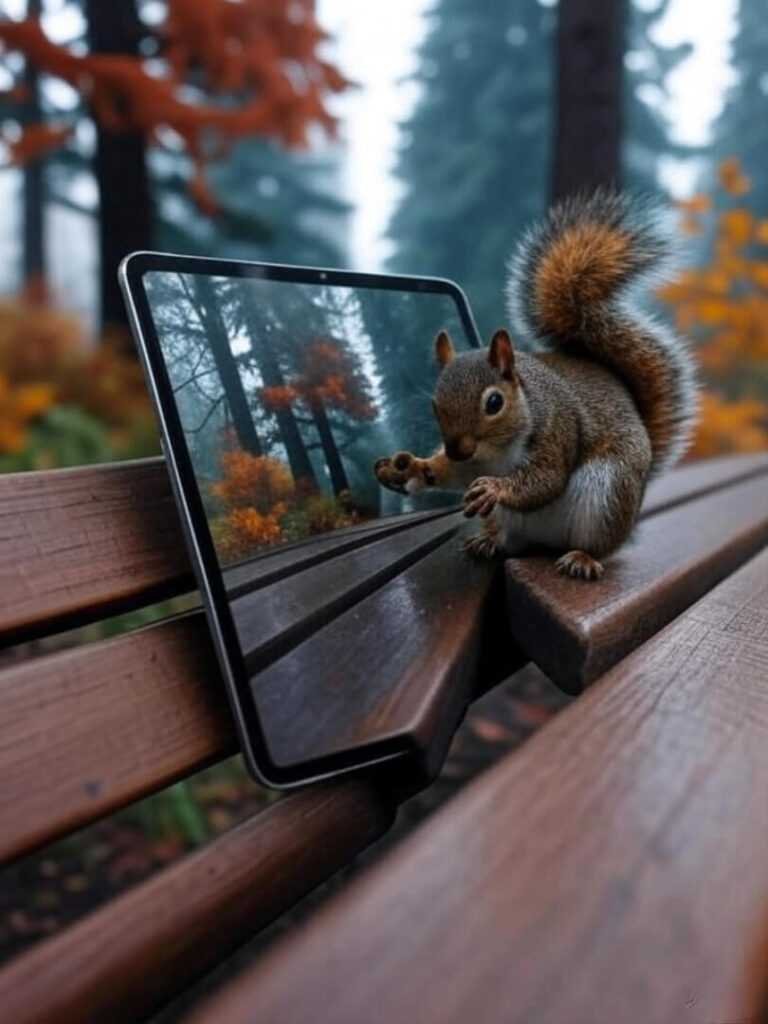 iPad Pro on park bench, misty trees, cheeky squirrel, burnt orange and teal.