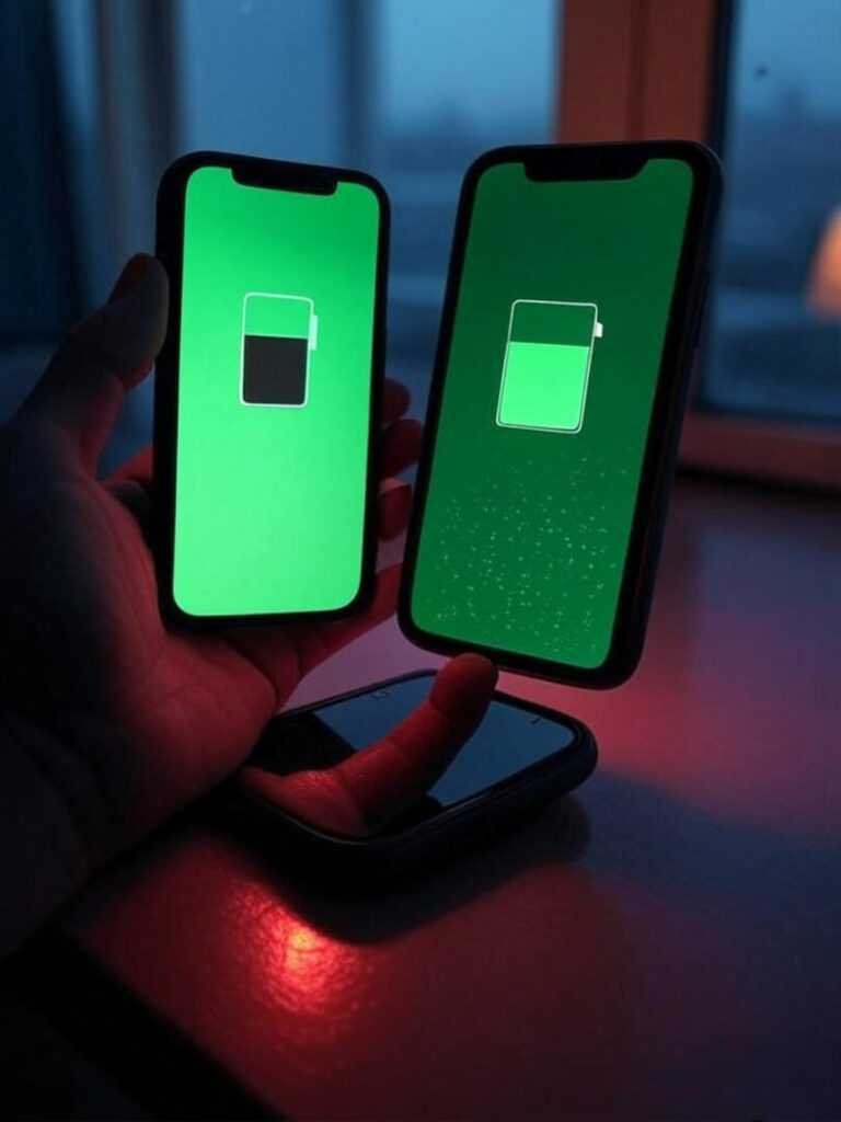iPhone XR drains, iPhone 11 full, fumbling charge in dim red-green light.