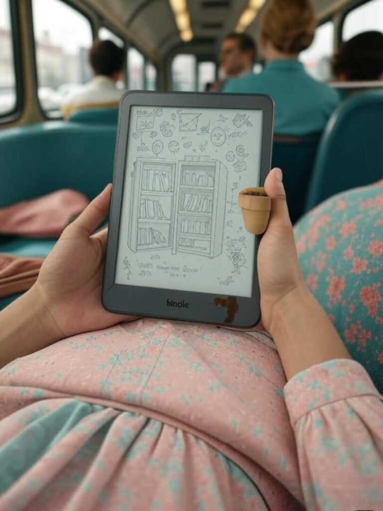 I generated images with the prompt: 'high-res image of a bus commute with Kindle Scribe on knee showing awful doodles, vintage-inspired, slightly blurry, muted pastels with teal/coral pops, tiny bookshelf sprouting from Scribe, coffee stain, bright and peppy, but messy'