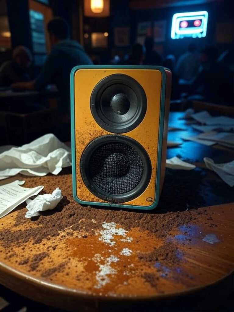 I generated images with the prompt: 'vintage-inspired image of a Cleer Scene speaker on a cluttered coffee shop table with spilled coffee grounds and a crumpled napkin, neon cassette tape in the corner, in a wryly humorous tone, using a palette of electric teal, mustard yellow, and a touch of red, capturing the chaotic yet retro vibe of an Austin coffee shop scene, shot from above as if pretending to work'