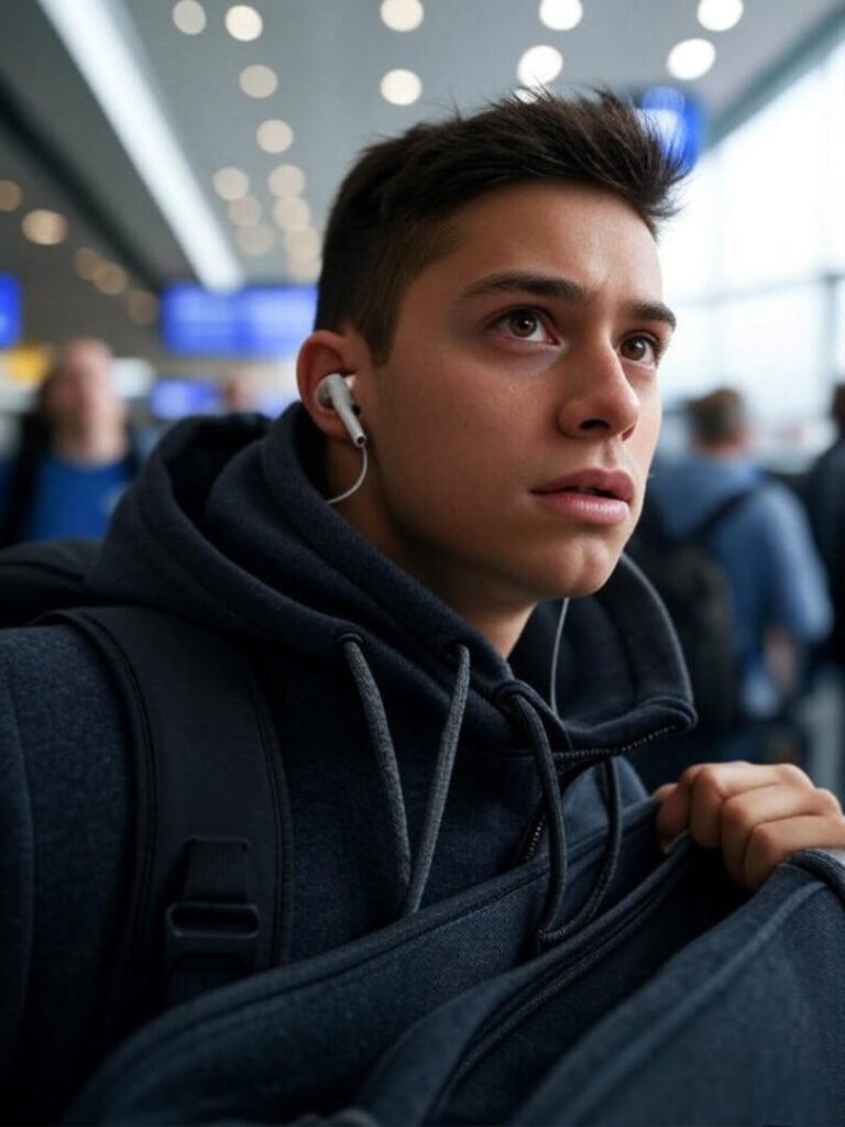 "Frantic US layover, earbuds peeking from bag at tilted airport angle."