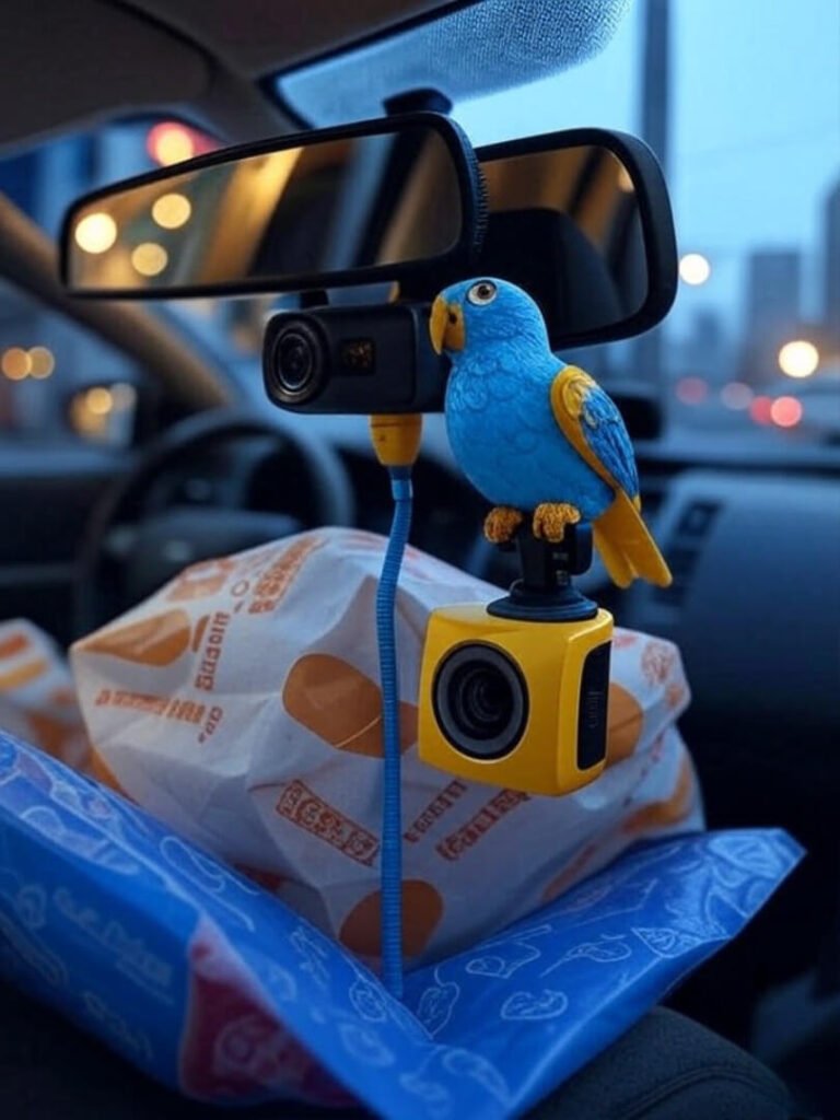 Tiny dash cam like parrot watches fast-food wrapper, blue-yellow vibe.