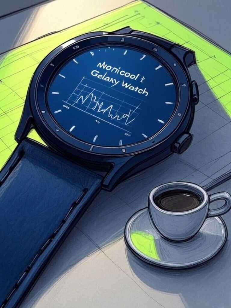 Galaxy Watch glows with text notification under desk, spilling coffee cup doodle nearby.